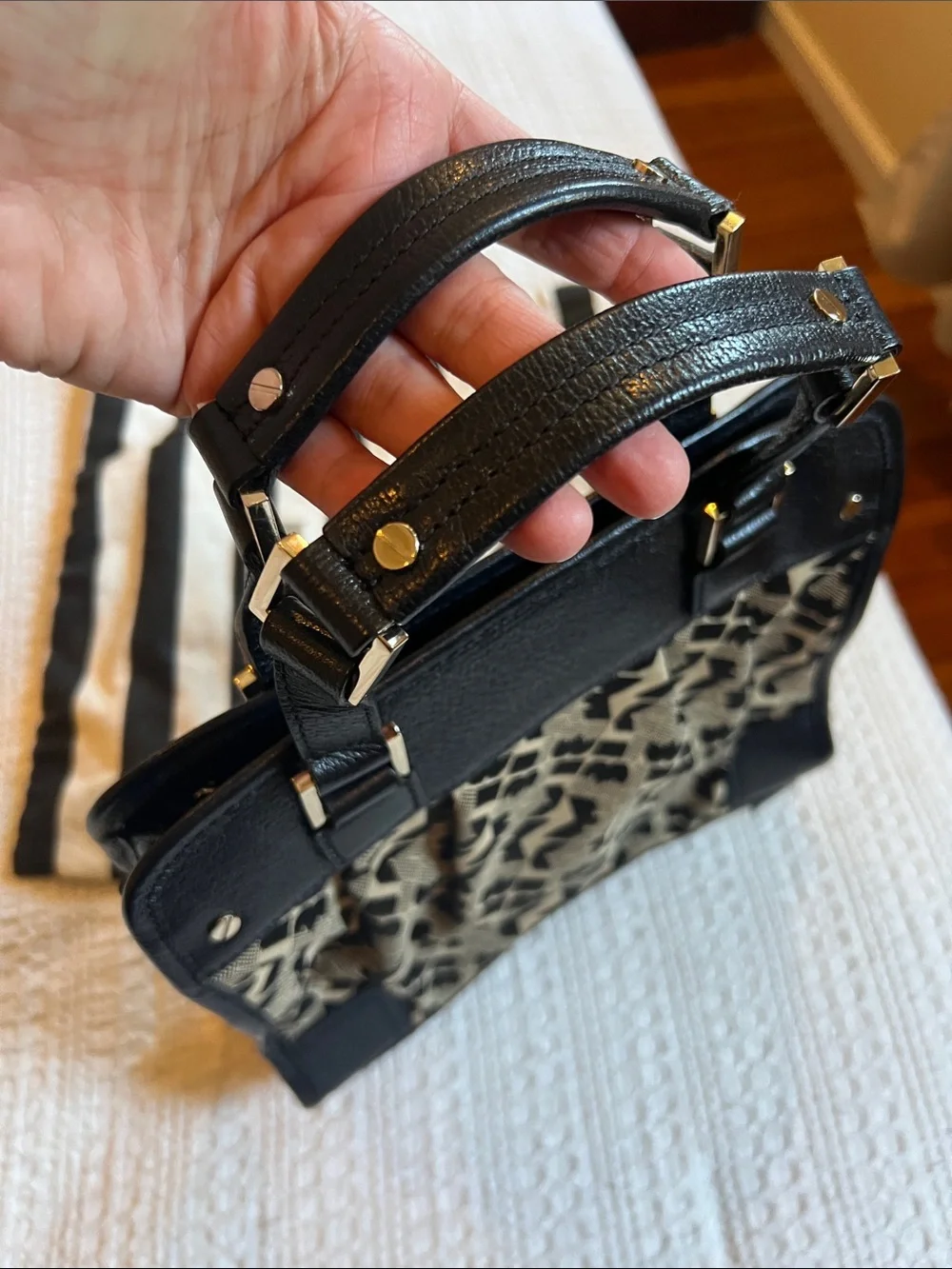 L.A.M.B. Black, Cream & Yellow Patterned Satchel with Gold Hardware